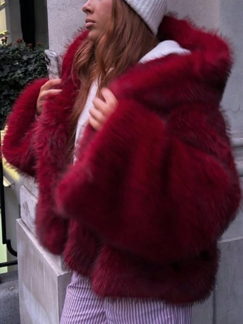 Red Casual Women's Faux Fur Hooded Short Jacket